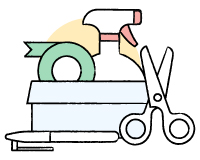 A sketch depicting scissors, a pen, and a box containing a roll of tape and a spray bottle.