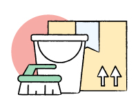 A sketch depicting a scrub brush, a bucket and a cardboard box.