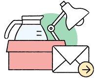 A sketch depicting an envelope and a box containing a desk lamp and a coffee pot.