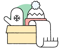 A sketch depicting a cardboard box containing a mitten, a winter hat and a scarf.