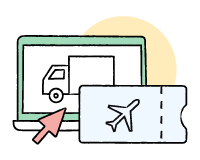 A sketch depicting a laptop overlaid with an airplane ticket.