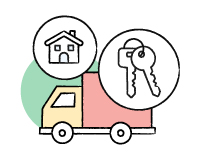 A sketch depicting a box truck overlaid with callout images of two keys on a ring and a house.