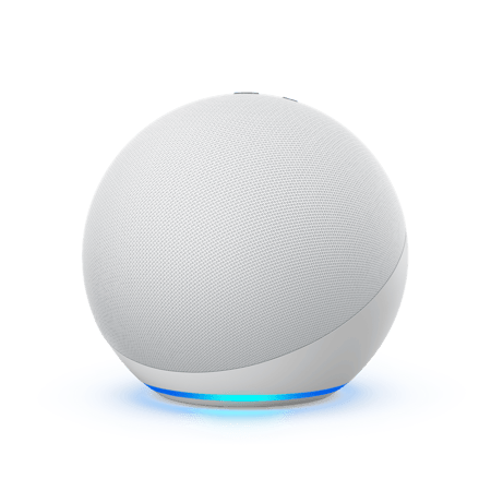The 4th generation Amazon Echo Dot in white. A spherical device with a speaker grille covering the top and a blue light ring on the bottom. 