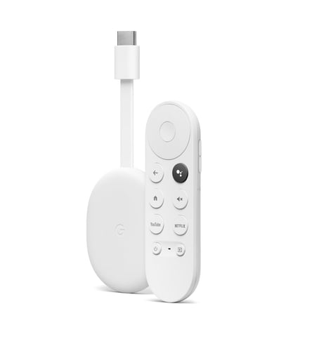 Chromecast with Google TV - A white HDMI dongle and small white remote with buttons for YouTube, Netflix and voice assistant