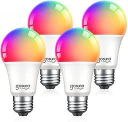 Image of four LED smart bulbs with a rainbow color indicating the color can be changed if desired