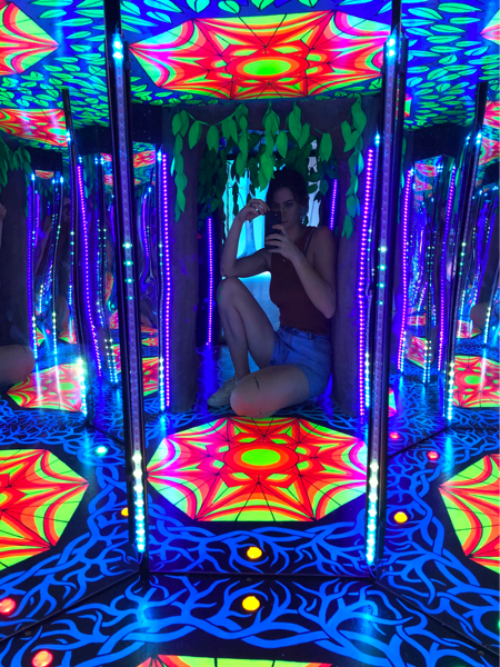 A mirror selfie taken within the Treehouse at Ix Art Park.