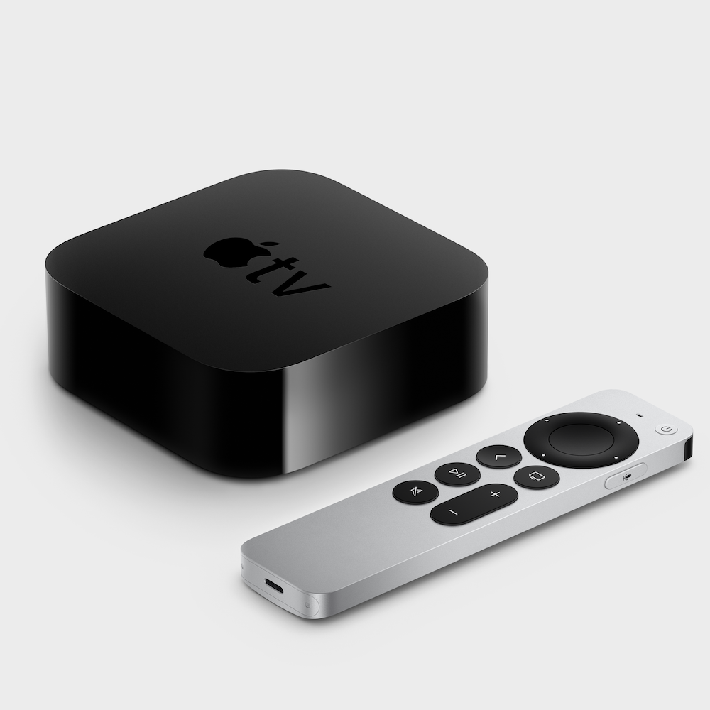 Apple TV 4K and Siri remote in a three-quarter view