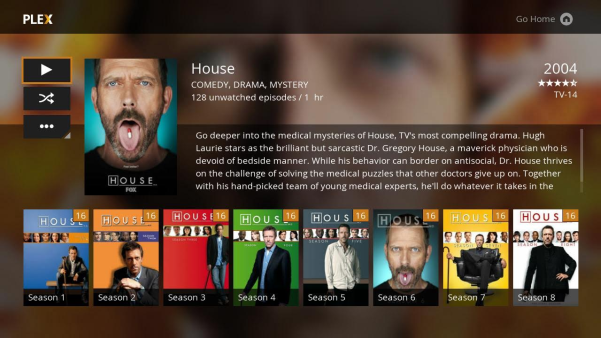 A screenshot of the Plex TV guide showing results for the popular comedy/drama, House.
